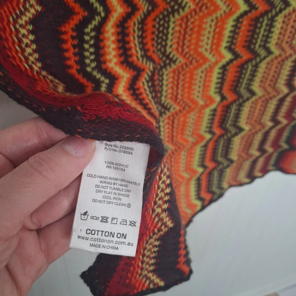 Cotton On Boho Scarf Multicolor 70 X 22 Knit Colorful Artsy Retro 70s